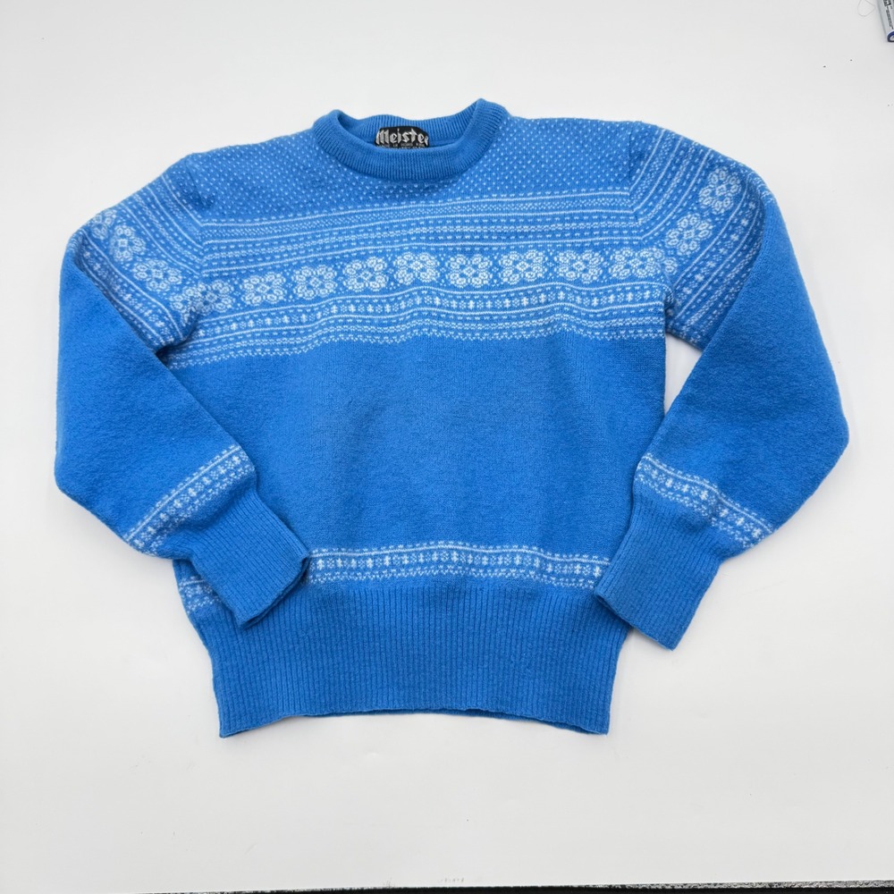 Meister Vintage Kids Size 36 Blue Knit Sweater Made in Hong Kong